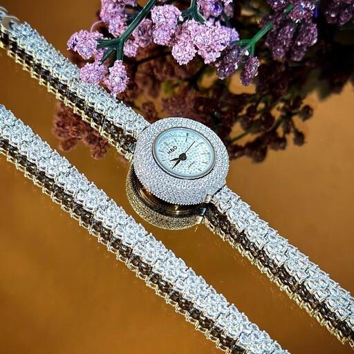 ساعت و دستیند نقره 925 روکش طلا سفید همراه با نگین میکرو و باگت